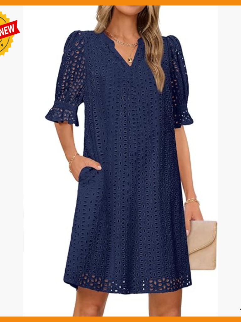 Short Sleeve V Neck Mini Dress Ruffle Lace Hollow Out Casual